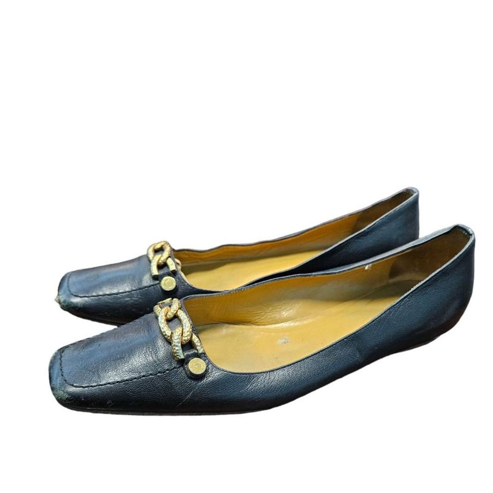 Vintage St. John Black Leather Chain-Detail Flats